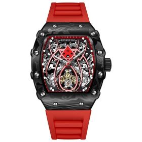 Barrel-shaped Fully Automatic Mechanical Luminous New Sports Fashion Mens Hollow-out Watch (Option: Red)